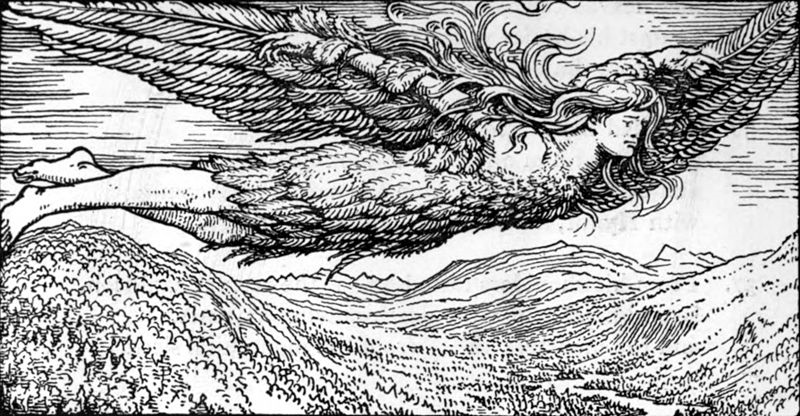 Loke flyger i fjäderdräkten -- Illustration av William Gershom Collingwood (1854-1932)