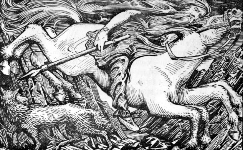 Oden på sin åttabenade häst Sleipner - Illustration av William Gershom Collingwood (1854-1932)