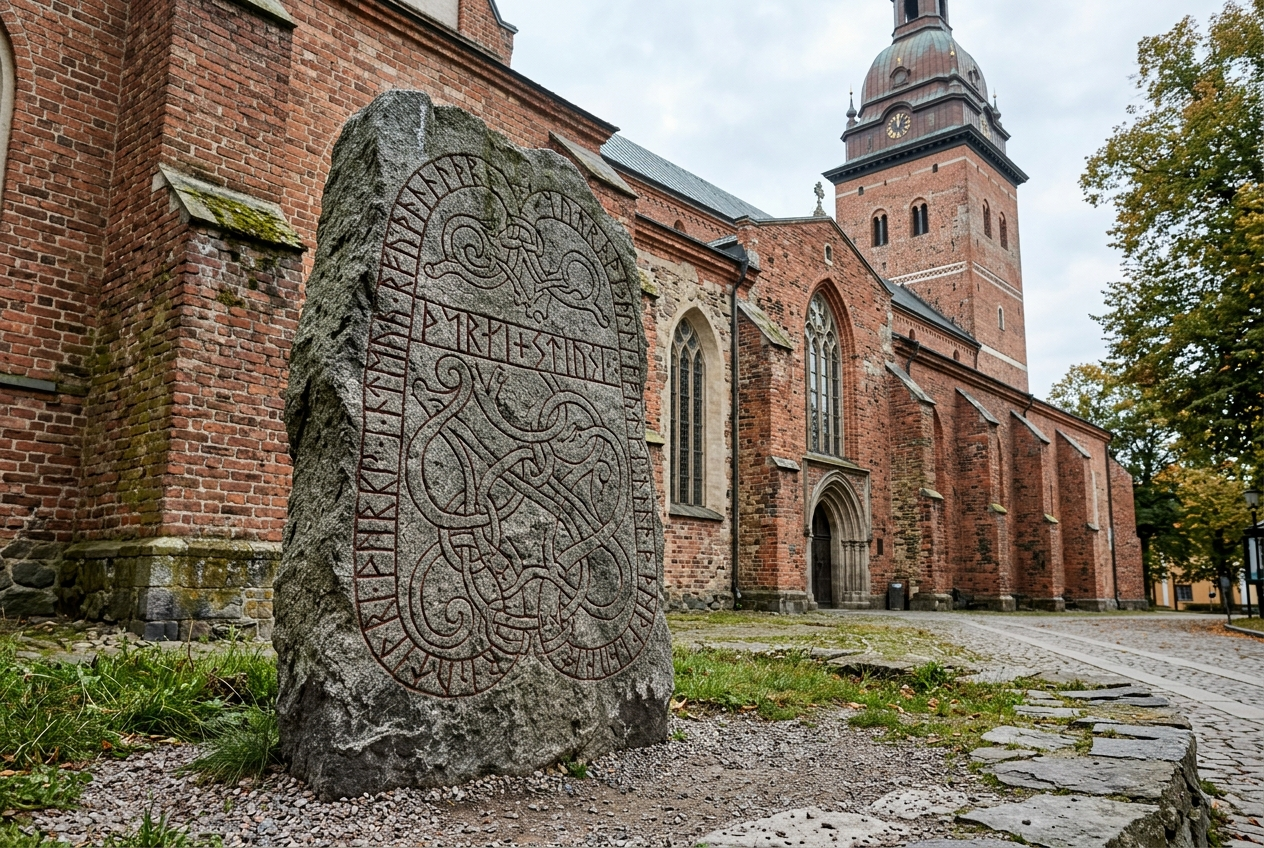 Runsten immurad i väggen på Strägnäs domkyrka