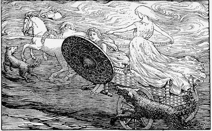 Solen dras i en vagn över himlen enligt nordisk mytologi - Illustration av William Gershom Collingwood (1854-1932)